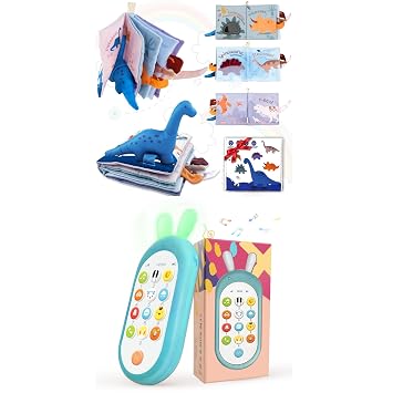Richgv Baby Sensory Bundle Dino Cloth Book & Interactive Phone Toy for 0-12 Months