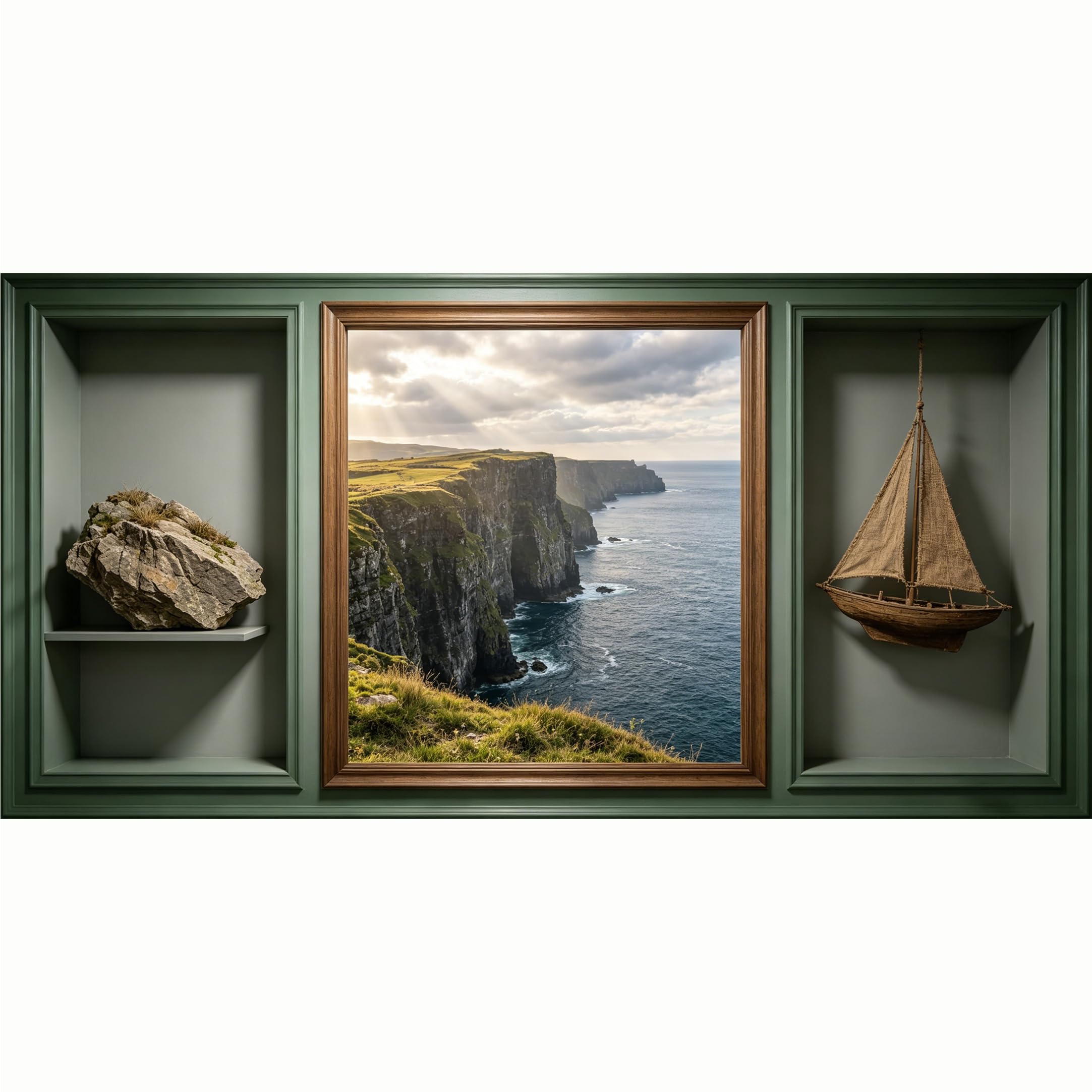 QZLITHOTIC 50x100cm 3D Framed Wall Art， Coastal Cliff Ocean Landscape Self‑Adhesive Mural， Water‑Activated Peel & Stick Fabric Decor Wall Decal for Bedroom Living Room