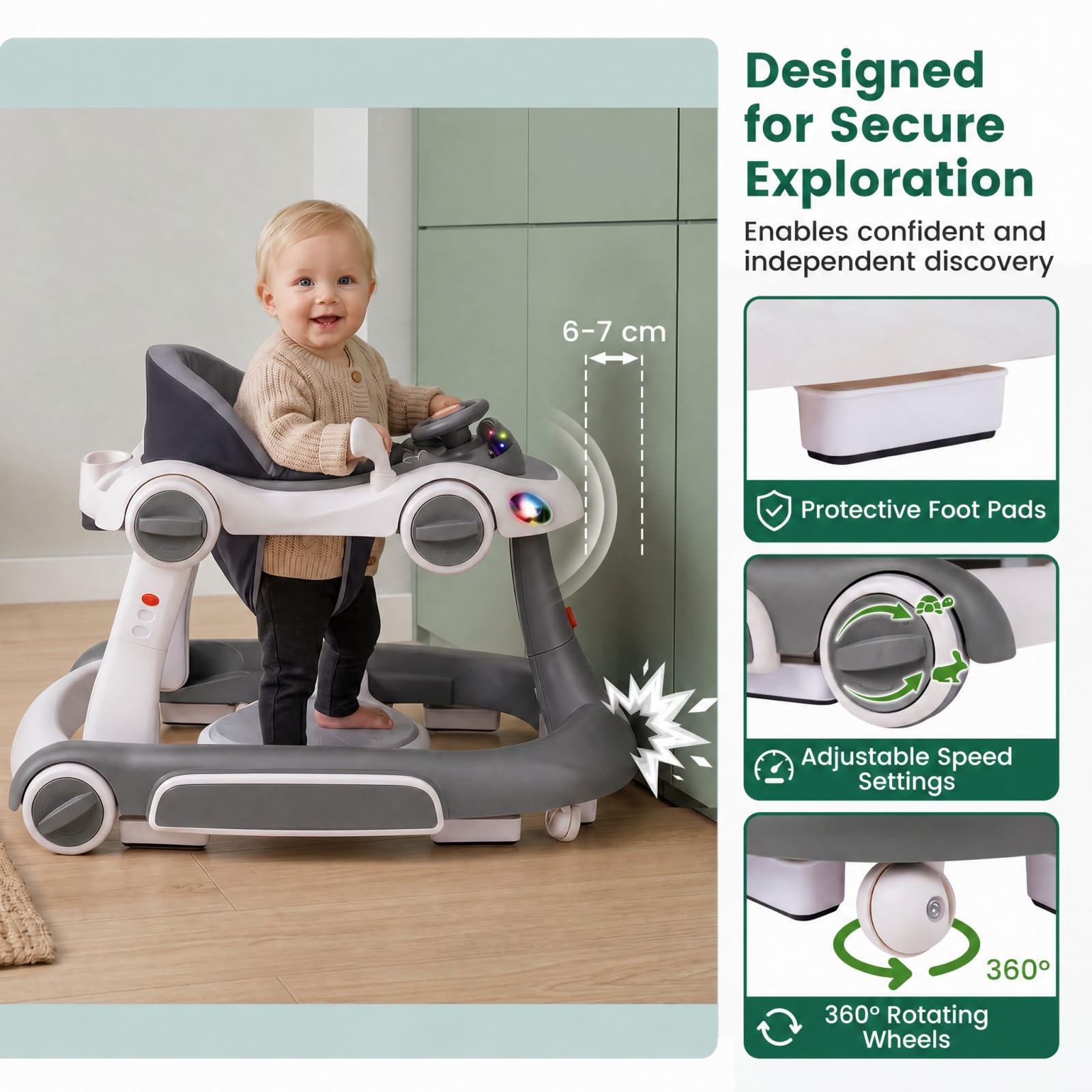 GIANTEX Andador para Bebés Plegable 7 en 1 con Capota (Gris+Blanco) | Tacatá Plegable con Velocidad y Altura Ajustables, Centro de Actividades con Música y Luces para Bebés de 7 a 18 Meses