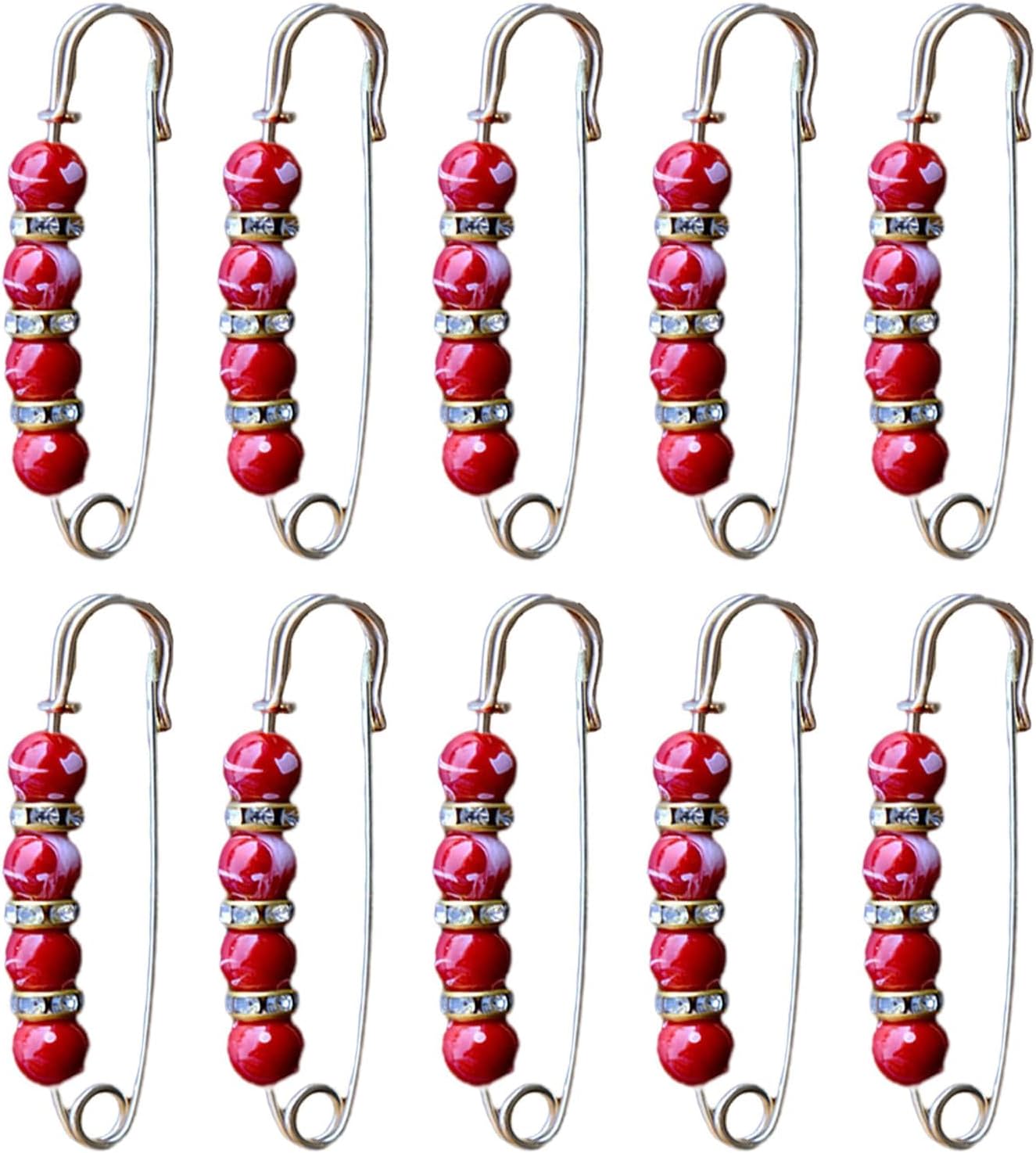 Coral Red Pearl Brooch Pins, 10Pcs Decorative Safety Pins for Clothing
