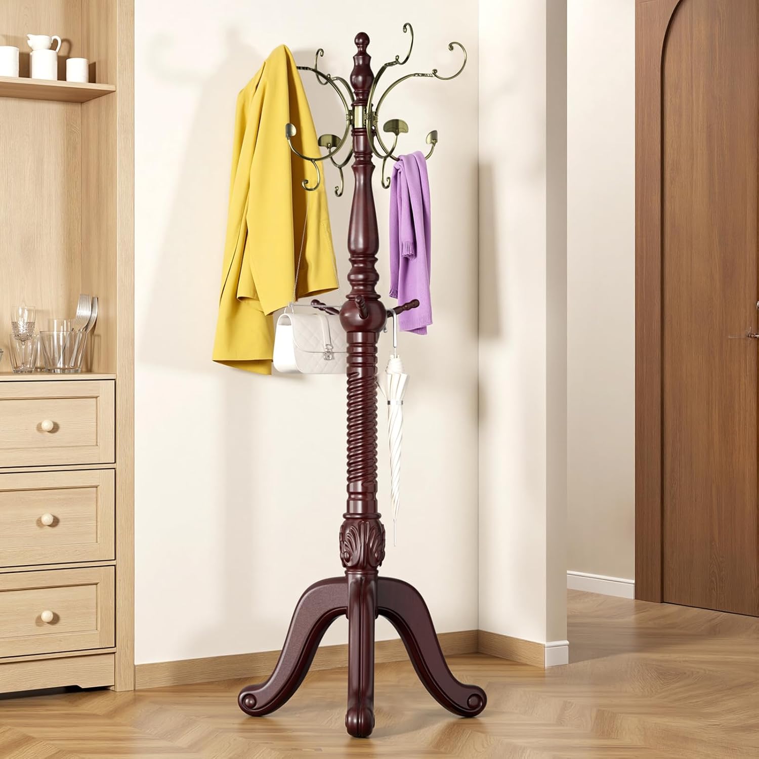 Solid Wood Freestanding Coat Rack, 15 Hooks (12 Metal+3 Wood) Heavy Duty Coat Tree with Triangle Base, 220LBS Load, 78 Inch Tall Walnut Hall Tree for Entryway Bedroom Office
