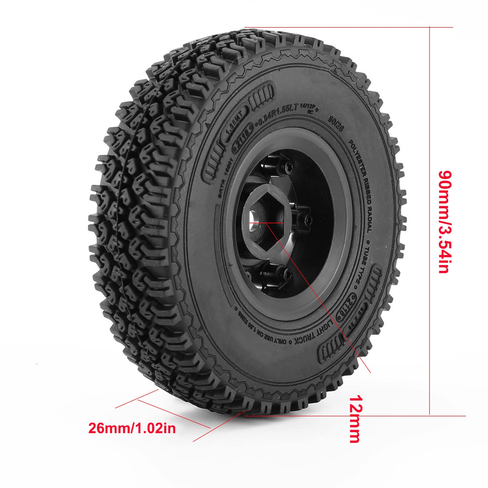 KEEDA 1.55 inch RC Tyres and Plastic Beadlock Wheel Rim for 1/10 RC Crawler Car D90 Pajero TF2 Tamiya CC01 CC02 LC70 LC80 Parts (90mm Black) - Image 4