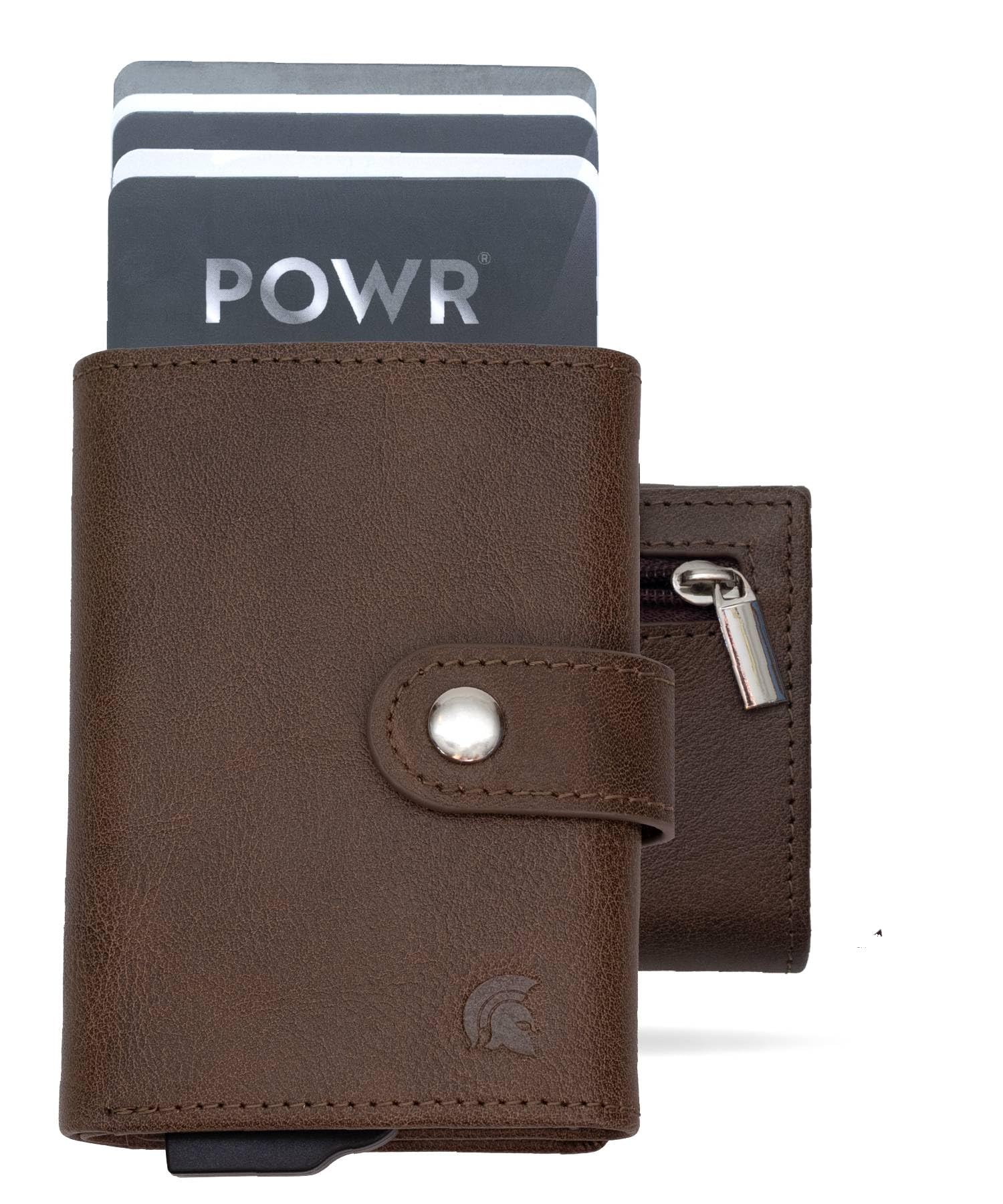 POWRWallet Metal Cardholder with Coin Compartment. Brown Vegan Leather RFID Card Holder. Minimalist Bifold Wallet