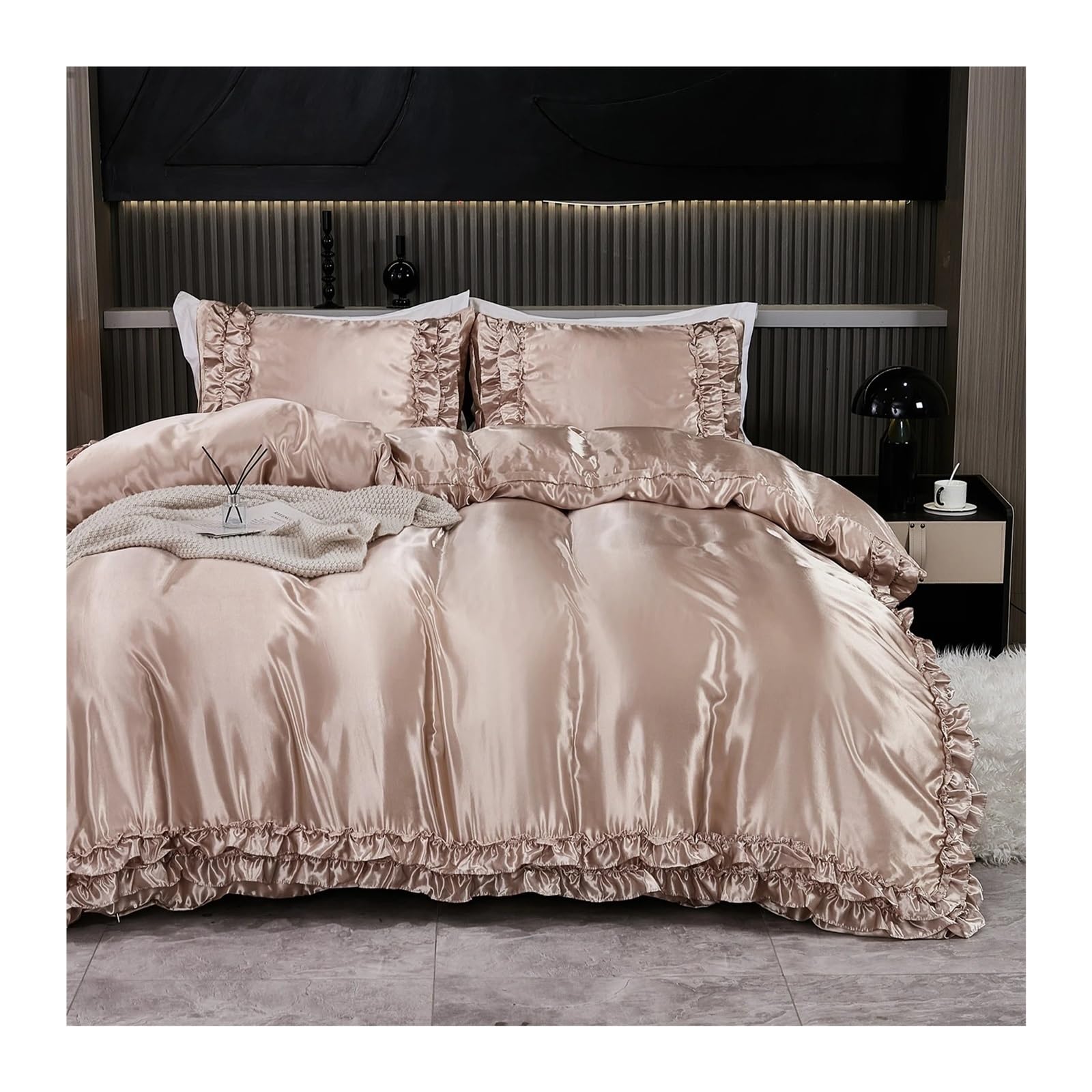 ZHSOAO 3PCS Satin Duvet Cover Set Silk Bedding Silky Ruffle Pattern Luxury Bed for Bed(Champagne,200x200cm-UK-Double)