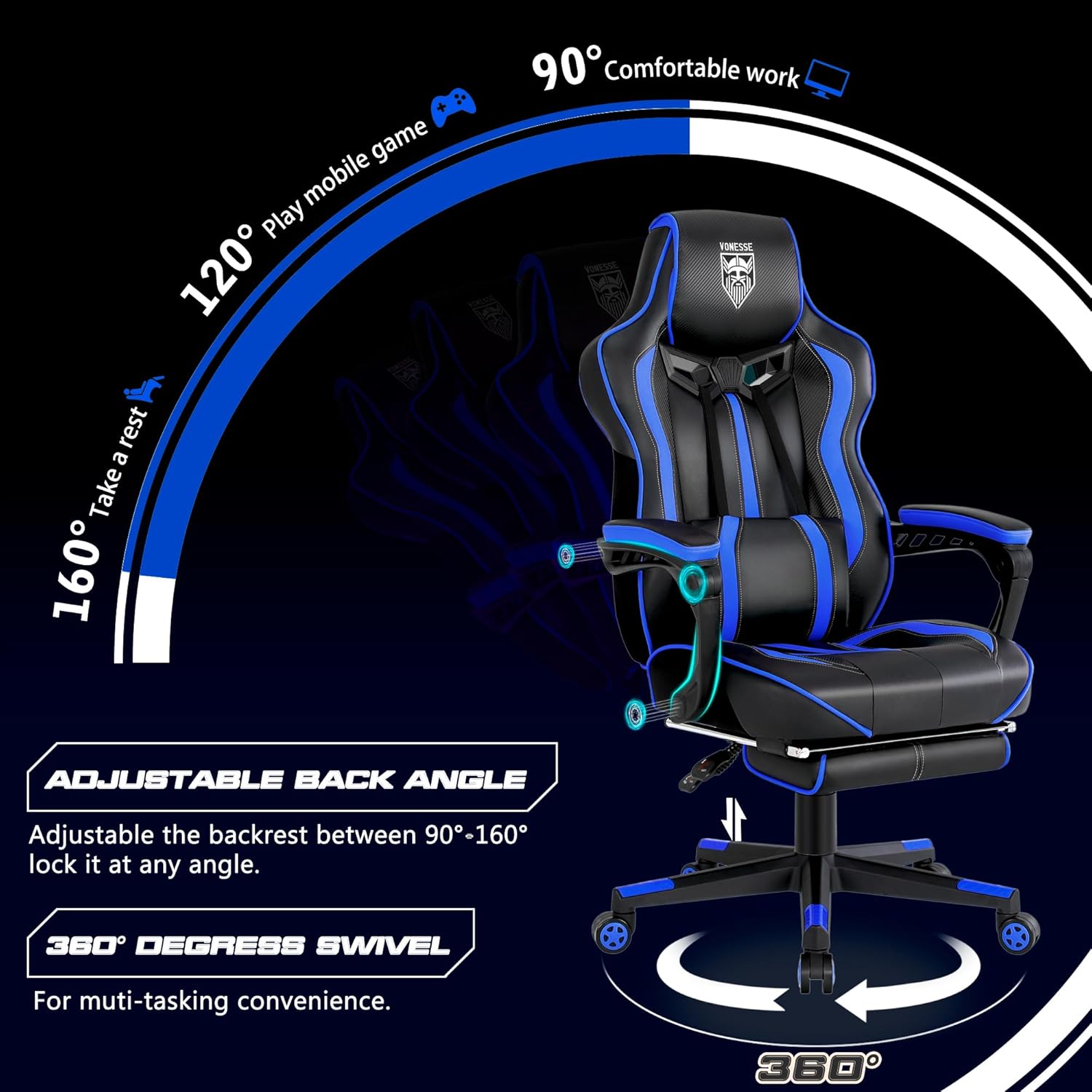 Diagram showing adjustable back angle from 90 to 160 degrees and 360-degree swivel