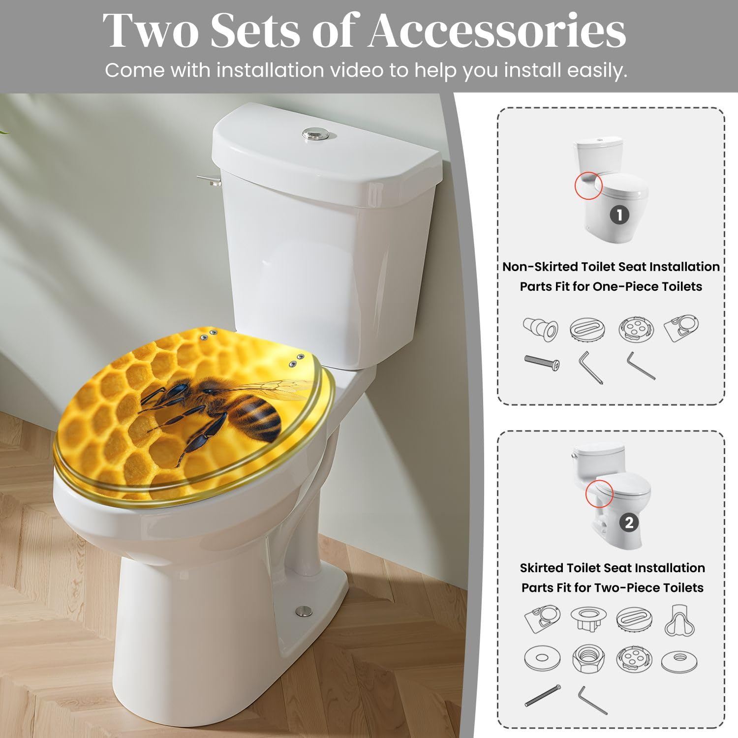 Sedile WC rotondo in resina a forma di ape, chiusura silenziosa, cerniere a sgancio rapido con paracolpi di copertura, decorativo e facile da pulire.