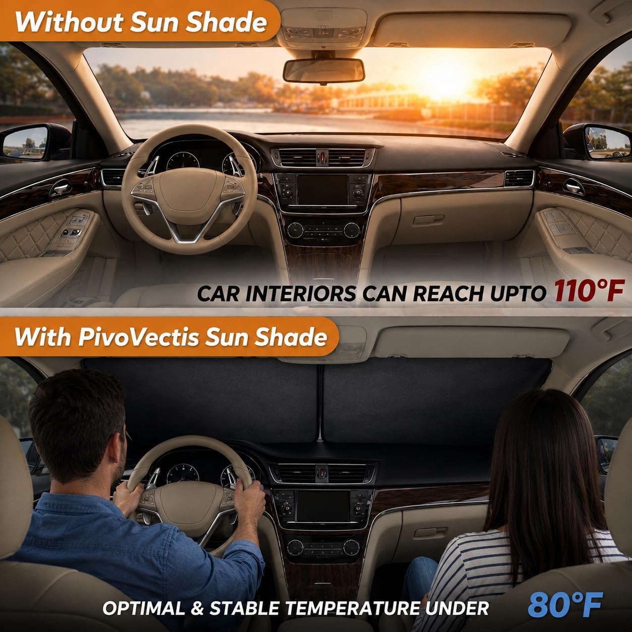 2-Piece Windshield Sun Shade (L: 31.1 * 27.95 inch), Upgraded 280T Reflective Foldable Car Sunshades, Protect Car from Sun Rays & Heat Damage, Keep Vehicle Cool, Fits Most Sedans, SUVs