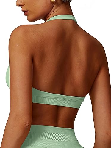 ABOCIW Halter Sports Bras for Women Seamless Open Back Workout Gym Bra Padded Me