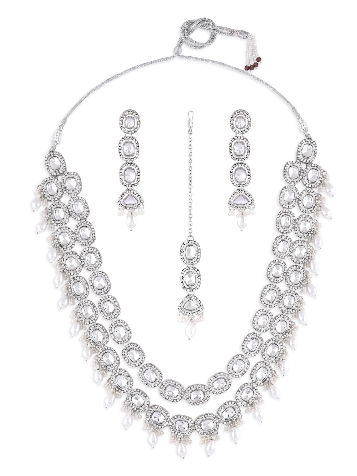 ZAVERI PEARLS Silver Tone Dazzling Stones Austrian Diamonds Pearls Layered Necklace Earring & Maangtikka Set For Women-ZPFK18000 (B0D1R3VYHF) Amazon Price History, Amazon Price Tracker