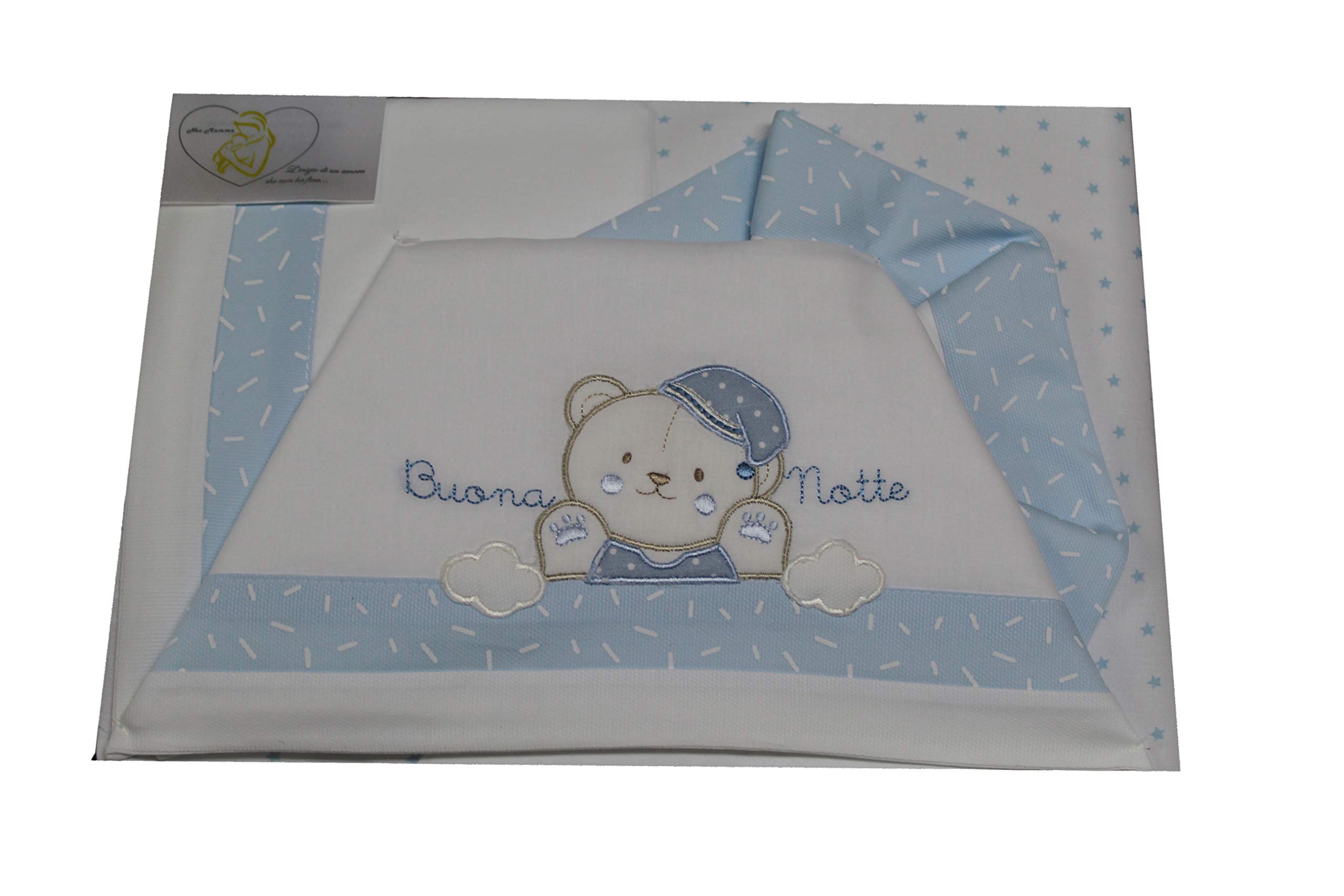 Set per culla in cotone 3 pezzi con ricamo del nome personalizzato. Federa, lenzuolo e coprimaterasso con elastico
