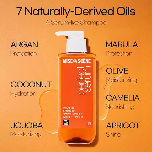 Frasco de shampoo cercado por ícones e nomes dos 7 óleos naturais presentes na fórmula