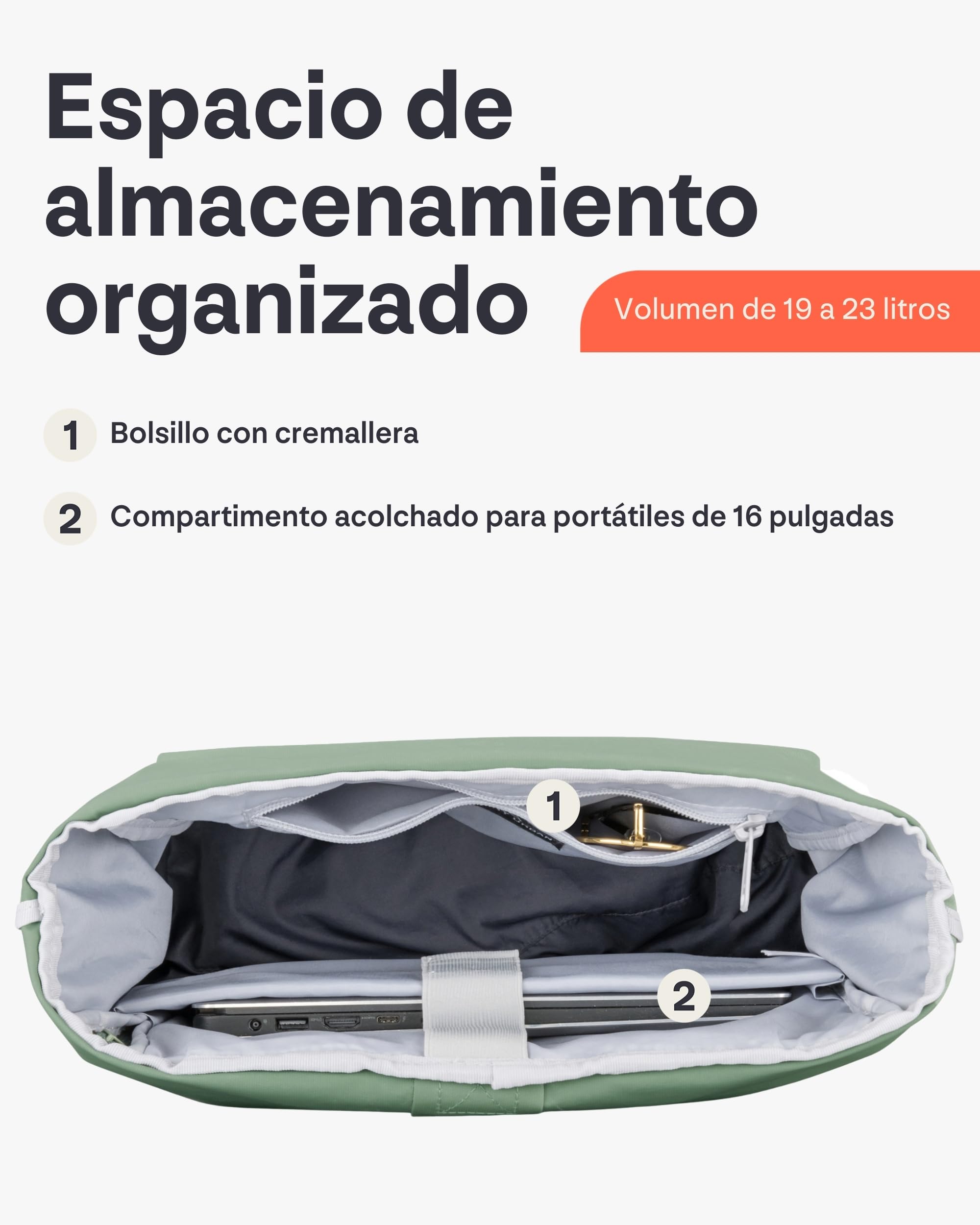 Johnny Urban Mochila Enrollable Mujer Hombre Verde - Allen Large - Grande Bolso para Escolar, Universidad, Trabajo - Compartimento para Portátil - Repelente al Agua