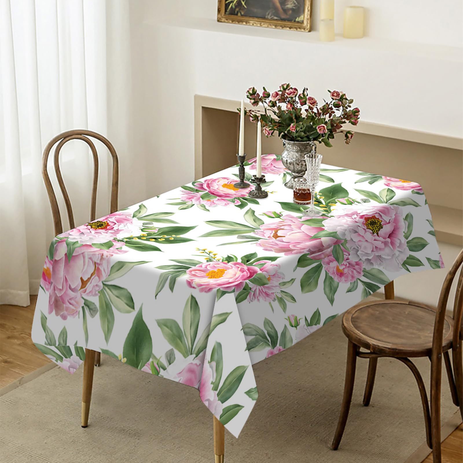 Mantel Antimanchas Hojas De Peonía Rosa Mantel Mesa Rectangular Poliéster Manteles de Mesa Lavable Mantel para Casa Comedor Cocina Fiesta Bodas Mantel Impermeable(140x240cm)