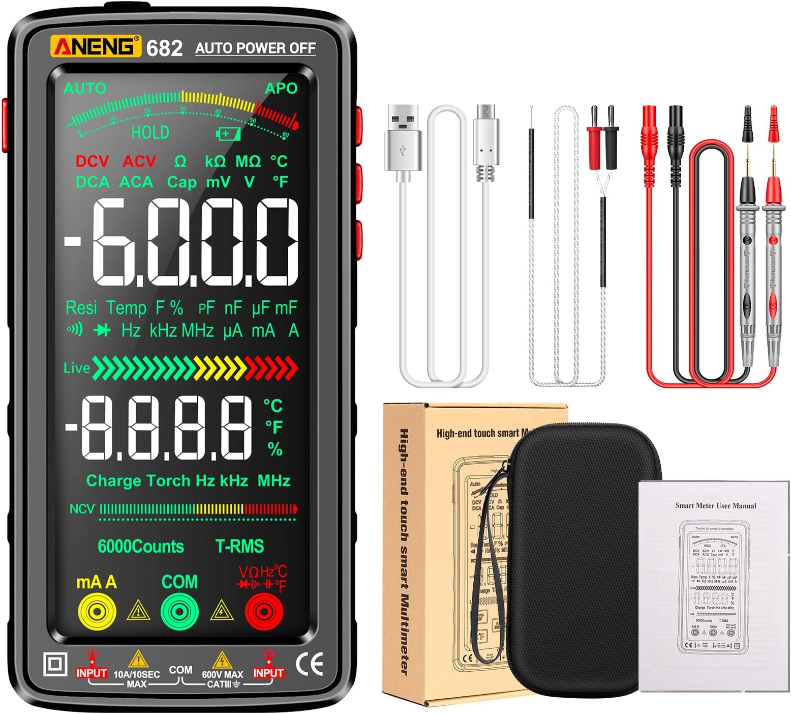 682 6000 Count Large LCD Digital Multimeter Smart Anti-burn Rechargeable Universal Meter VA Reverse Screen NCV Tester Voltage Current Resistance Capacitance Temperature Frequency On/Off Diode