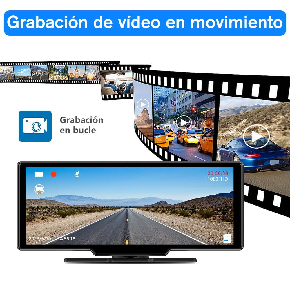 AWESAFE Pantalla Táctil de 10.26 Pulgadas para Coche con CarPlay/Android Auto Inalámbrico, Pantalla Portátil con Dashcam 4K Frontal/Cámara Trasera de HD 1080P/Control por Voz/Bluetooth/Mirror Link