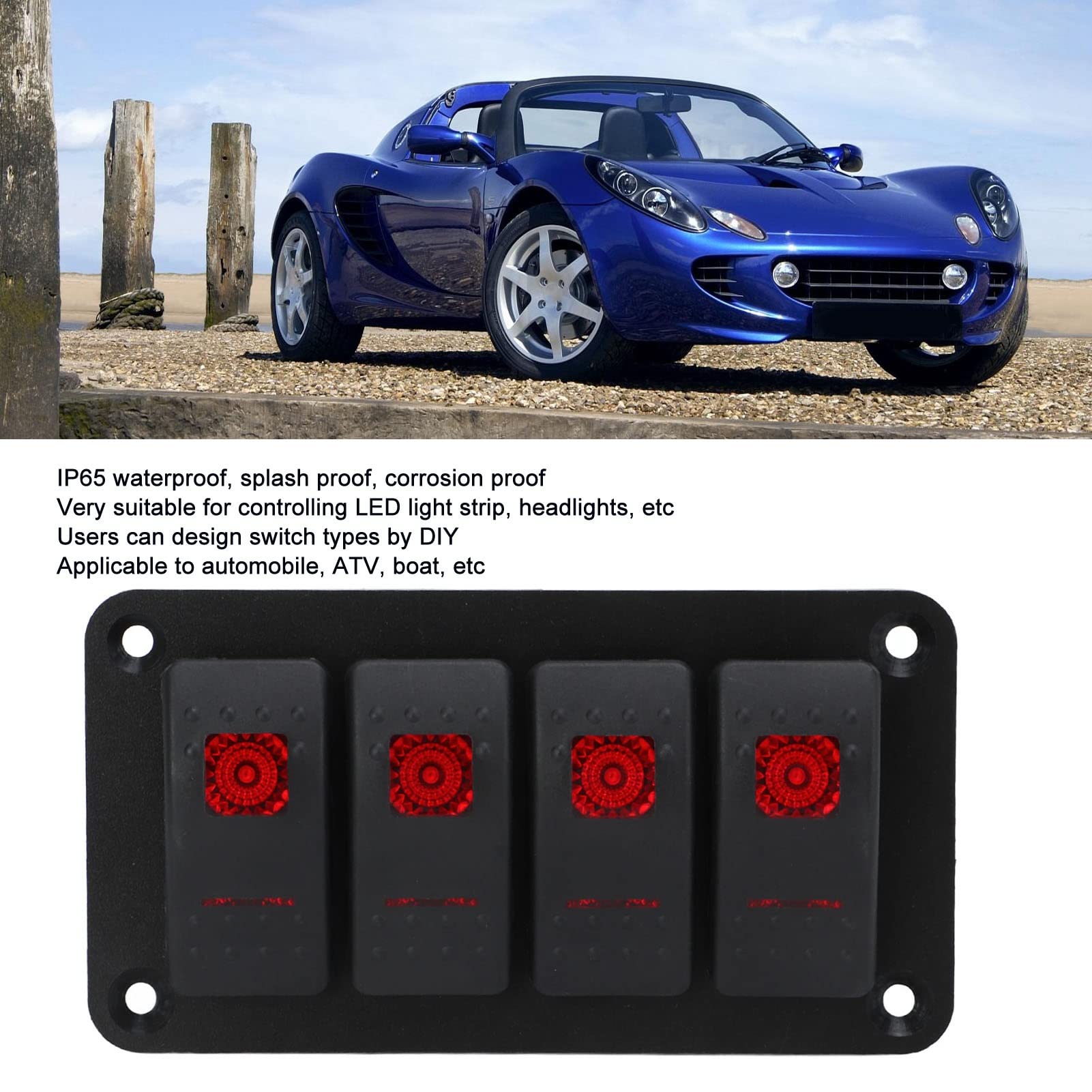 Aramox Panel de Interruptores Basculantes, Panel de Interruptores Basculantes Interruptor Basculante Precableado Rojo de 4 Entradas con 2 uds. Adhesivo para Envío de Automóviles