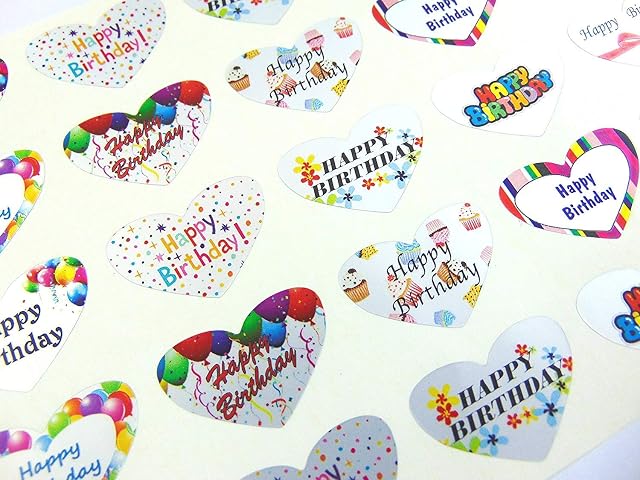 Happy Birthday Heart Greeting Stickers, Silver Self-Stick Labels for Cards, Envelopes, Craft, Decoration