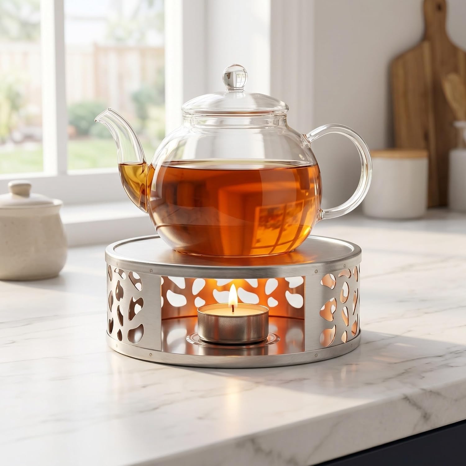 KICHOUSE 2pcs Stainless Steel Teapot Warmer Base with Tealight Holder, Flower-Shaped Tea Kettle Warmer for Enhanced Candle Heating Efficiency, Modern Minimalist Design for Offices
