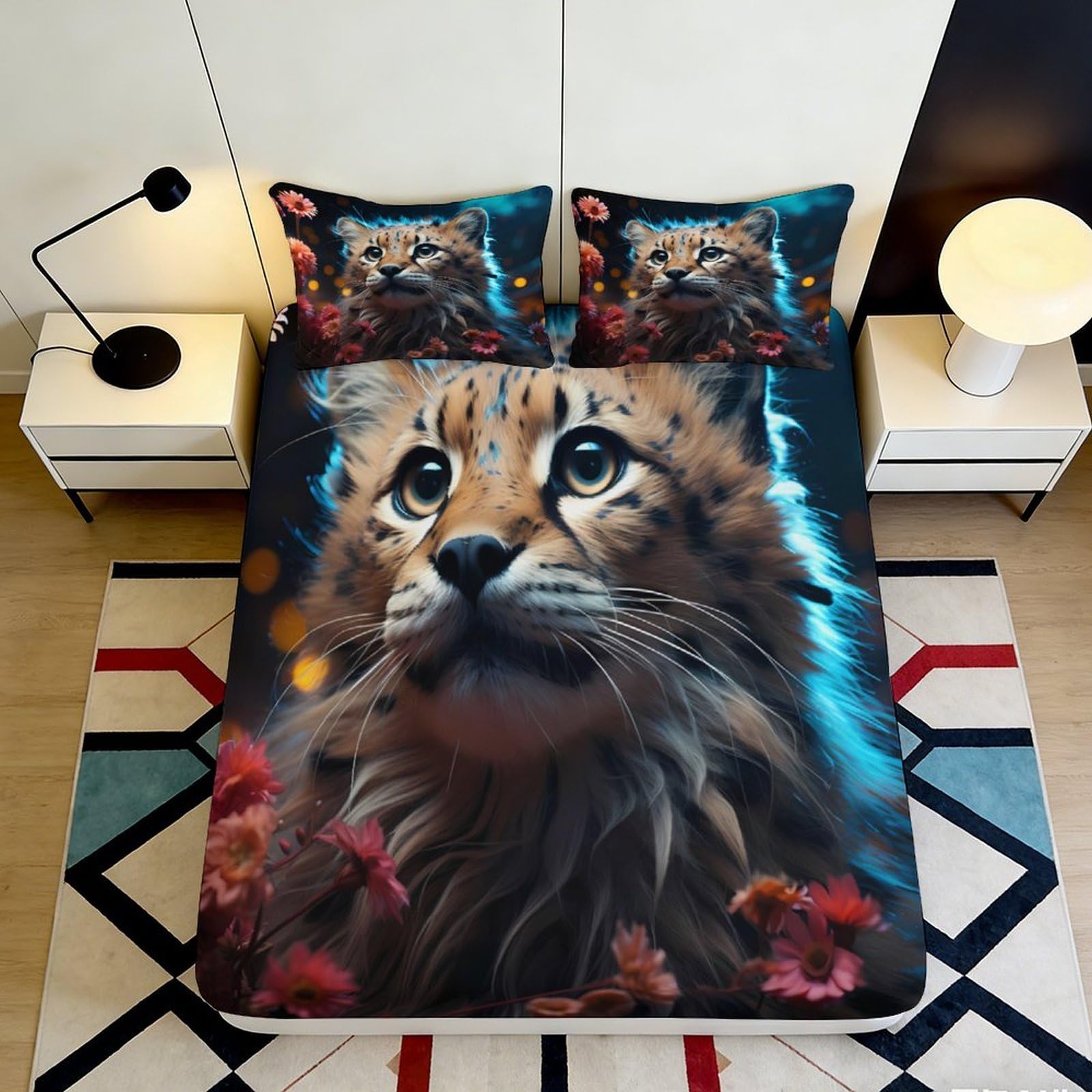 3D Printed Cheetah Animal Fitted Sheet Microfiber Soft Breathable Floral Bed Cover for Bedroom Dormitory Guest Room Mattress Protection Decor 200x200x25cm