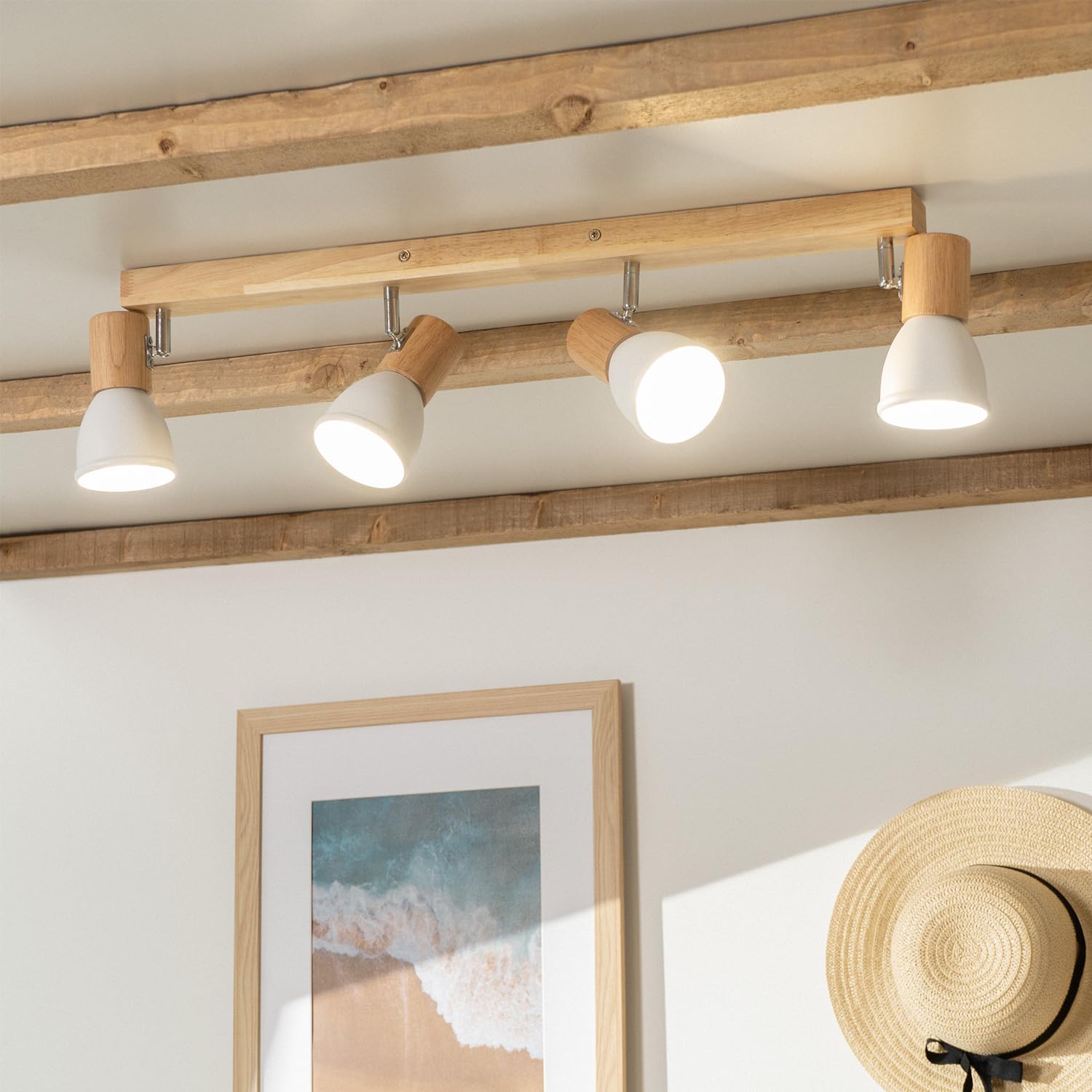 LEDKIA Lámpara de Techo Madera y Metal 4 Focos Tautau Blanco