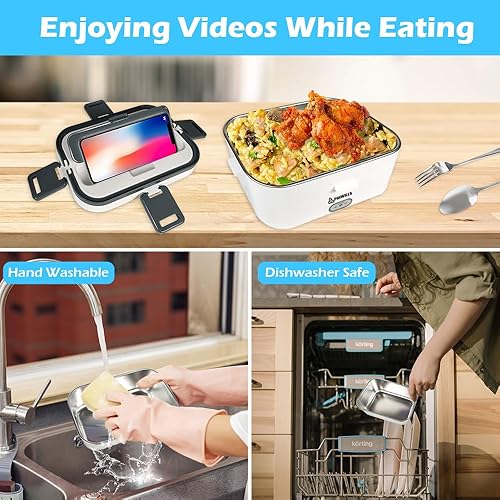 Miniatura 8 de PHIWILLS Fiambrera eléctrica de 1.5 L y 1.8 L, contenedor calentador de alimentos, lonchera 3 en 1 para cochecamióntrabajo con compartimento de 0.45