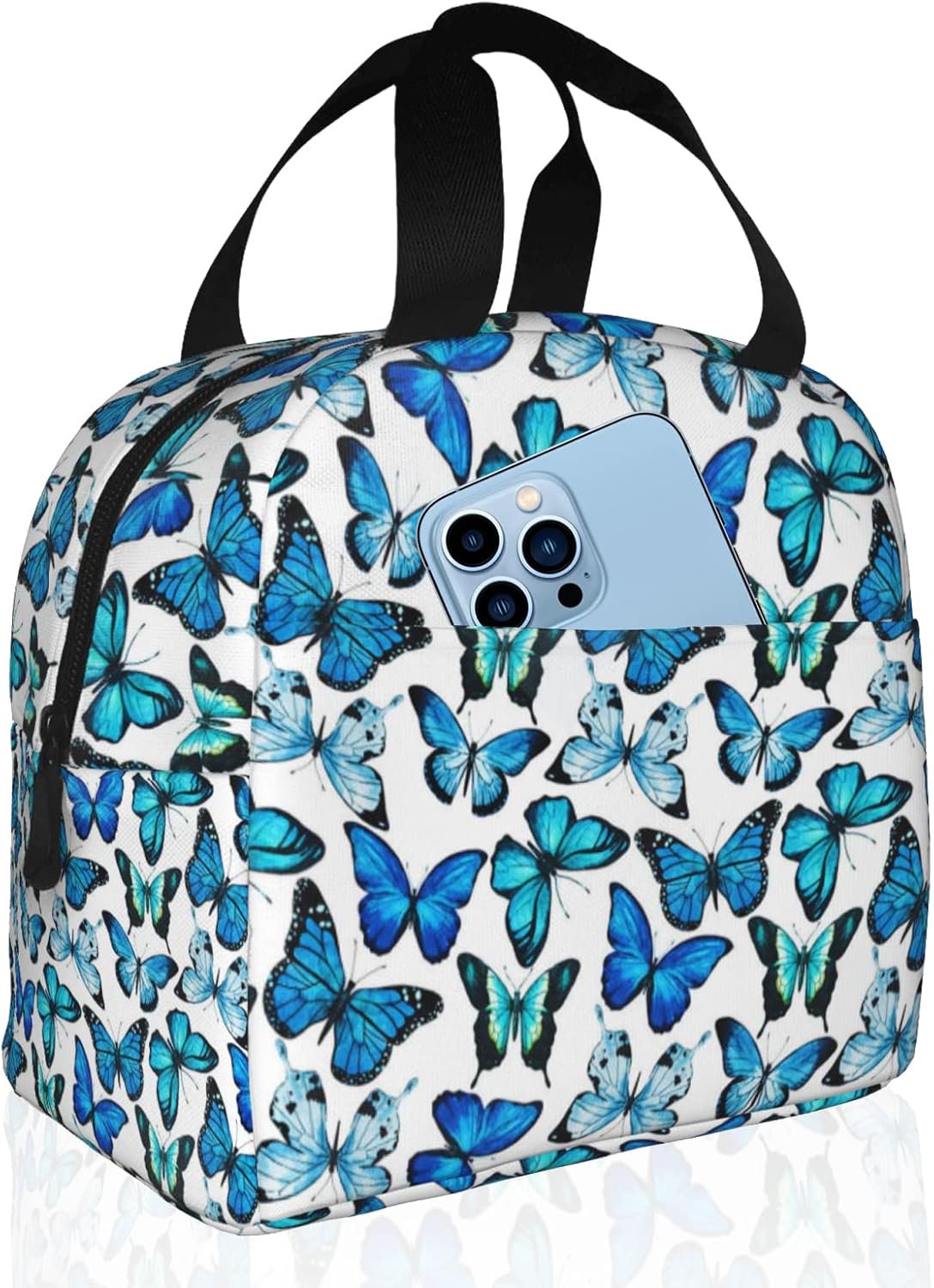 Insulated Lunch Bag Box for Women with Blue Butterfly Print Cooler Thermal Waterproof Reusable Tote Bag with Big Pocket for Work Office Picnic College