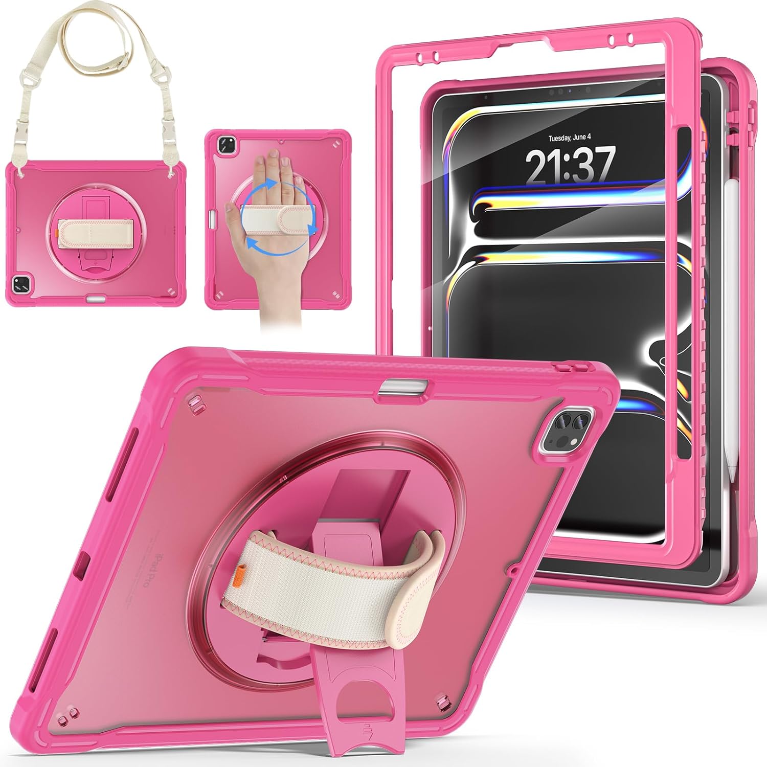 BRAECNstock case for iPad Air 13 Inch(M3/M2) 2025/2024 & Pro 12.9 inch 6th/5th/4th/3rd Generation 2022/2021/2020/2018 Cover with Screen Protector,Pencil Holder,360°Rotate Stand,Rose Red