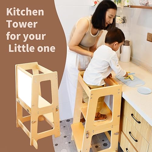 Miniatura 5 de MOOB Taburete de cocina para niños, taburete de madera para niños, taburete de aprendizaje de altura de mostrador para niños, ayudante de cocina con
