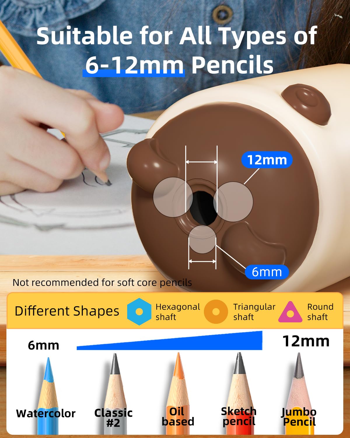 ZMOL Sacapuntas eléctrico totalmente automático, para niños, entrada y salida automática, sacapuntas recargables para lápices de colores jumbo de 6 a 12 mm, hogar, aula, oficina