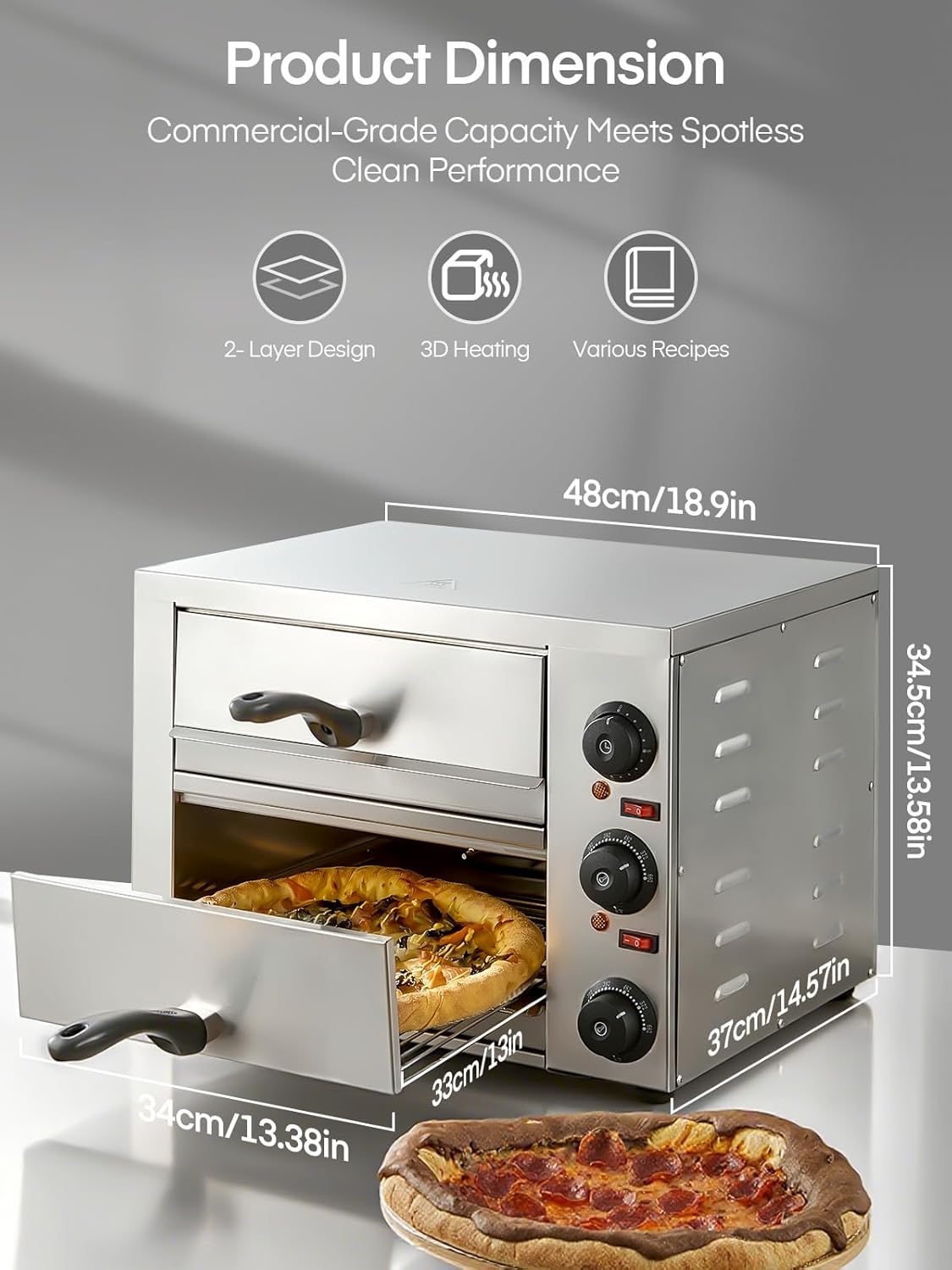 12 Inch Commercial Pizza Oven, Countertop Pizza Ovens with 662°F Max Temp, 2-Layer Electric Pizza Cooker with Alert Timer, 2200W Stainless Steel Pizza-Maker Machine, for Restaurant,Home, Party