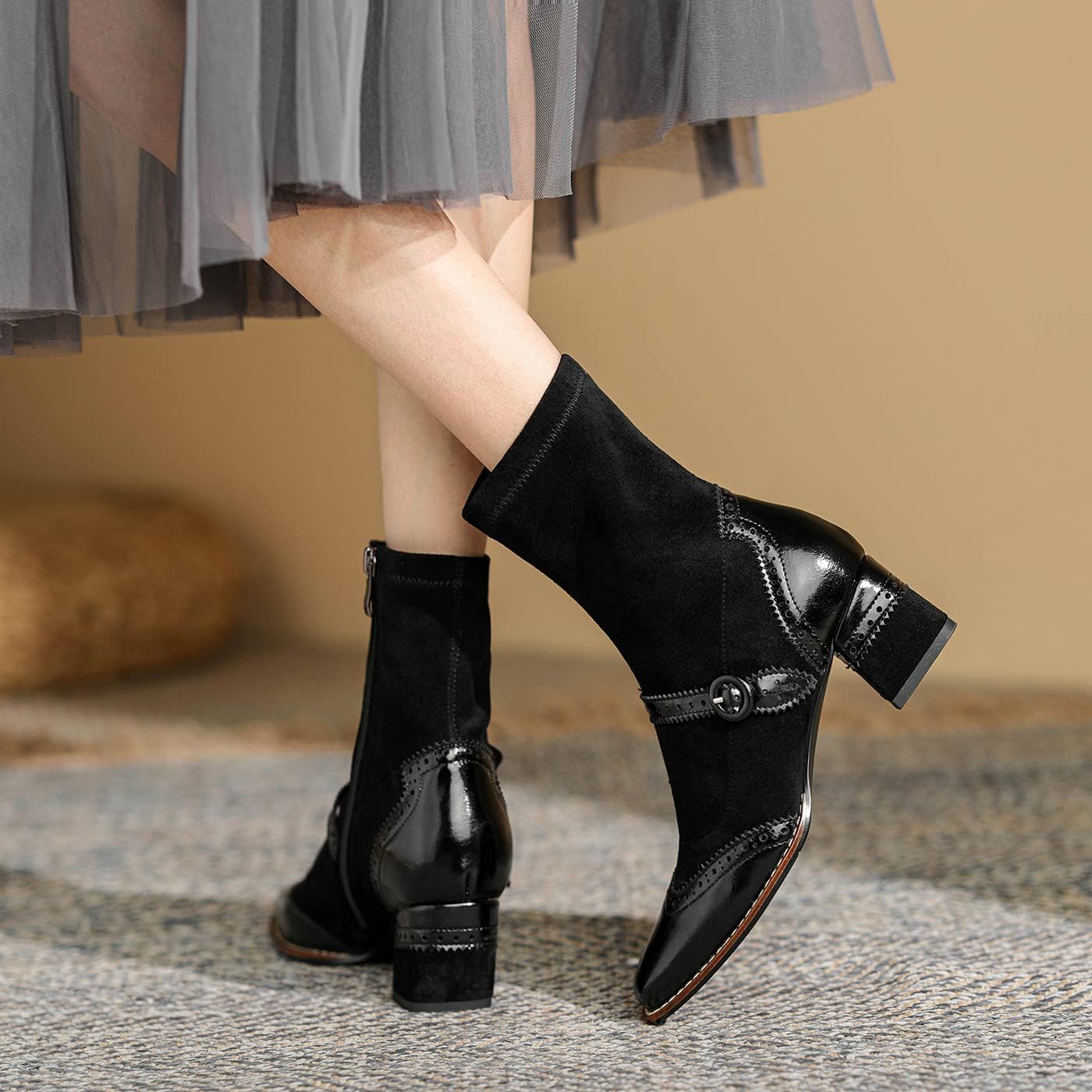 U-lite Women's Elastic Suede Fall Winter Square Toe Shoes, Leather Mid Heel Ankle Boots, Buckle Strap Embellishment Booties - Image 5