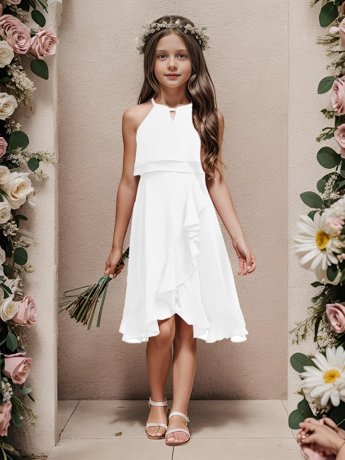 Kids A-Line Halter Neck Chiffon Junior Bridesmaid Dresses Fancy Girl Dress Wedding Elegant Party Gown 5-14 Years - Image 3