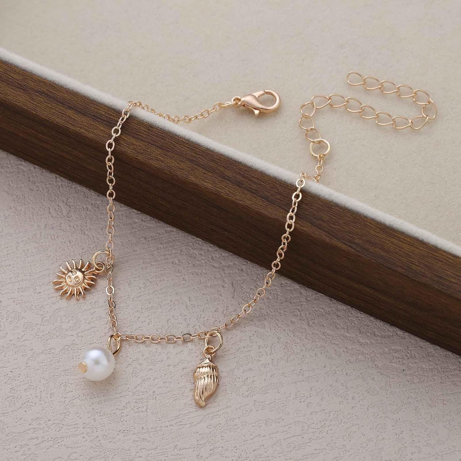 Boho Sun Anklet Bracelet Gold Shell Conch Ankle Chain Vintage Pearl Dangle Foot Chain Adjustable Sunburst Dangle Link Bracelet Accessories for Women - Image 6