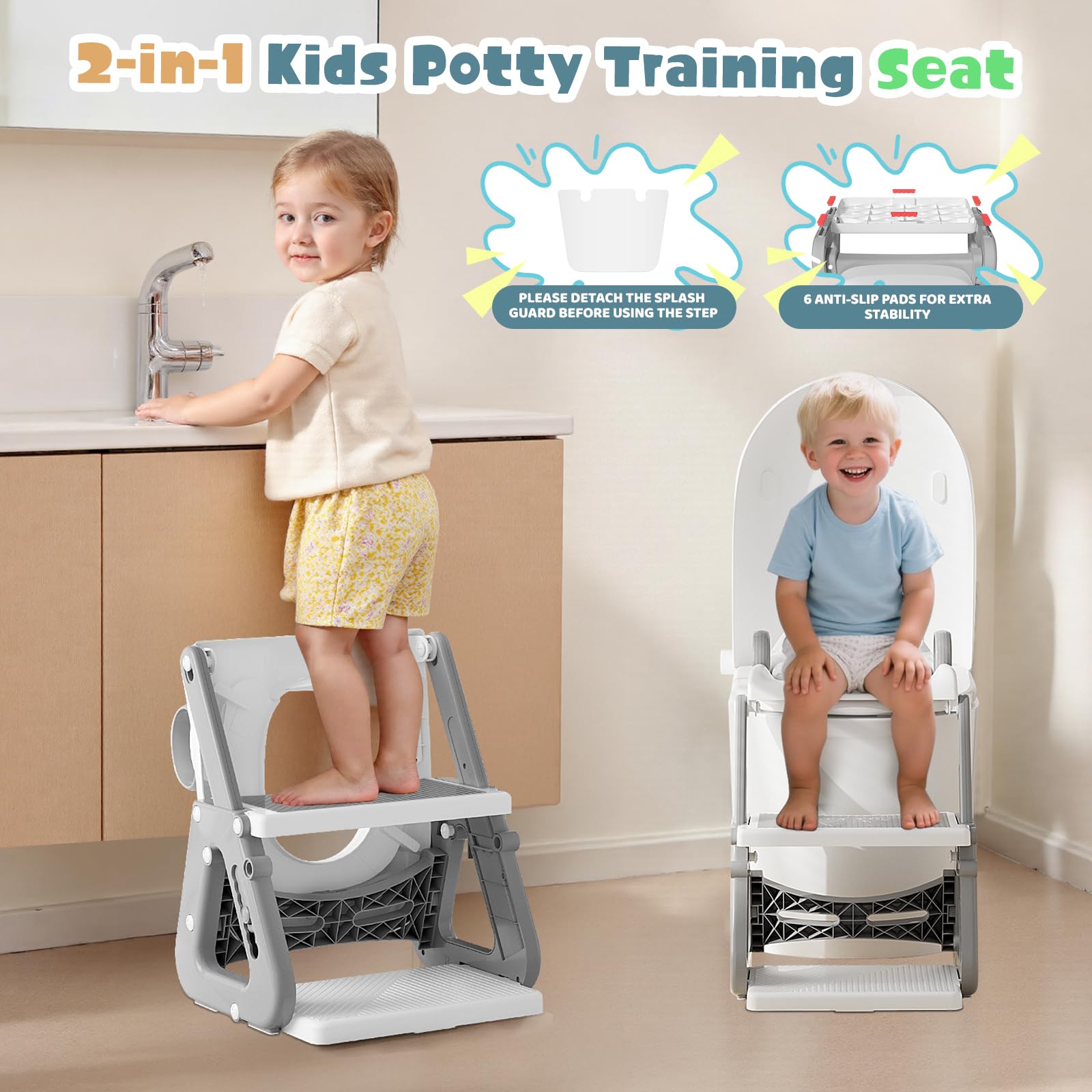 Riduttore Wc Bambini con Scaletta, 2 In 1 Scaletta Wc Per Water Bambini con Struttura a Triangolo, Paraspruzzi Estesi Regolabile e Pieghevole Sgabello Antiscivolo, Adattatore per Bambino e Cuscino
