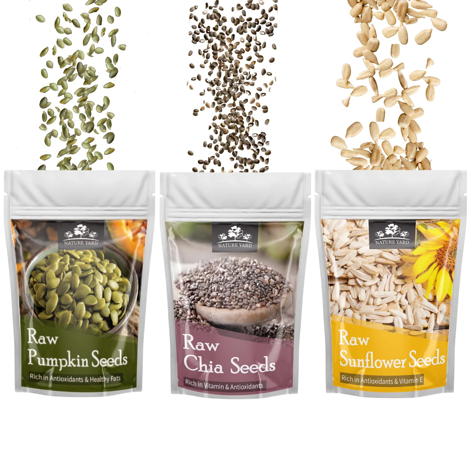 NATURE YARD Raw Jumbo Pumpkin/ Chia/ Sunflower Seeds - 3*200 gm - 100% Organic Seeds Combo for Weight Management/ Rich in Antioxidants & Vitamin E/Good for Body & Skin Nourishment/Healthy Snacks (Pack of 3) (B0D5LWR685) Amazon Price History, Amazon Price Tracker