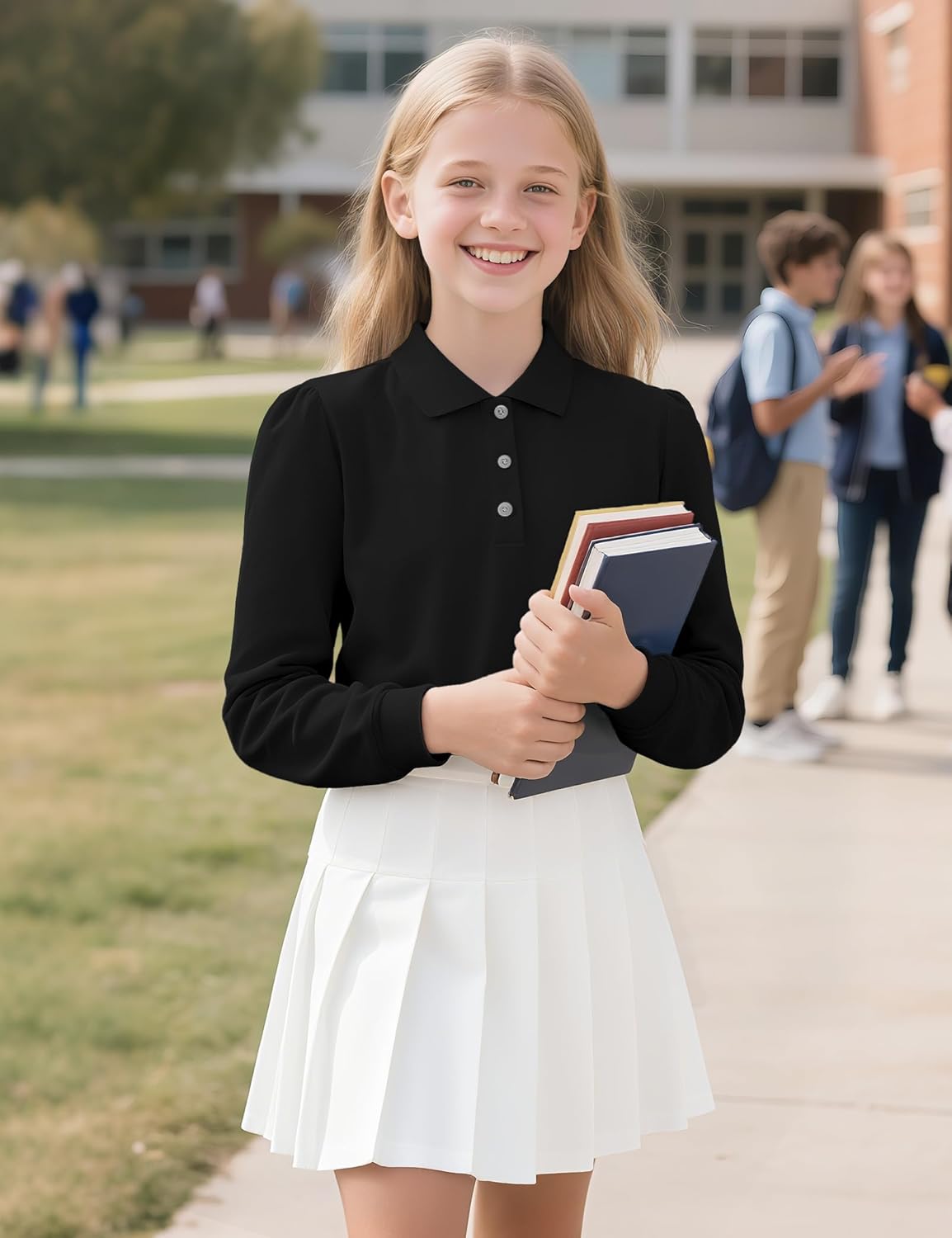 KEREDA Long Sleeve Uniform Shirts for Girls Cotton School Polo Shirts with Button for Kids - Image 3