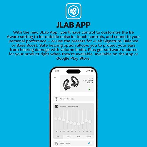 Miniatura 5 de JLab Epic Air Sport ANC 3 True Auriculares inalámbricos Bluetooth para entrenamiento activo, controladores duales híbridos para sonido premium,