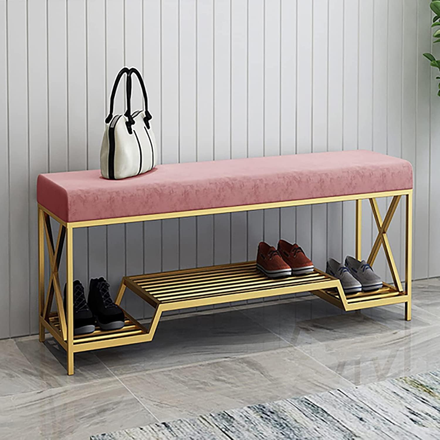 LWJSOCP Modern Velvet Shoe Bench with Storage - Stylish Entryway nizer & Shoe Rack 47x14x18in (120x35x45cm) - Perfect for Home Entryway Decor