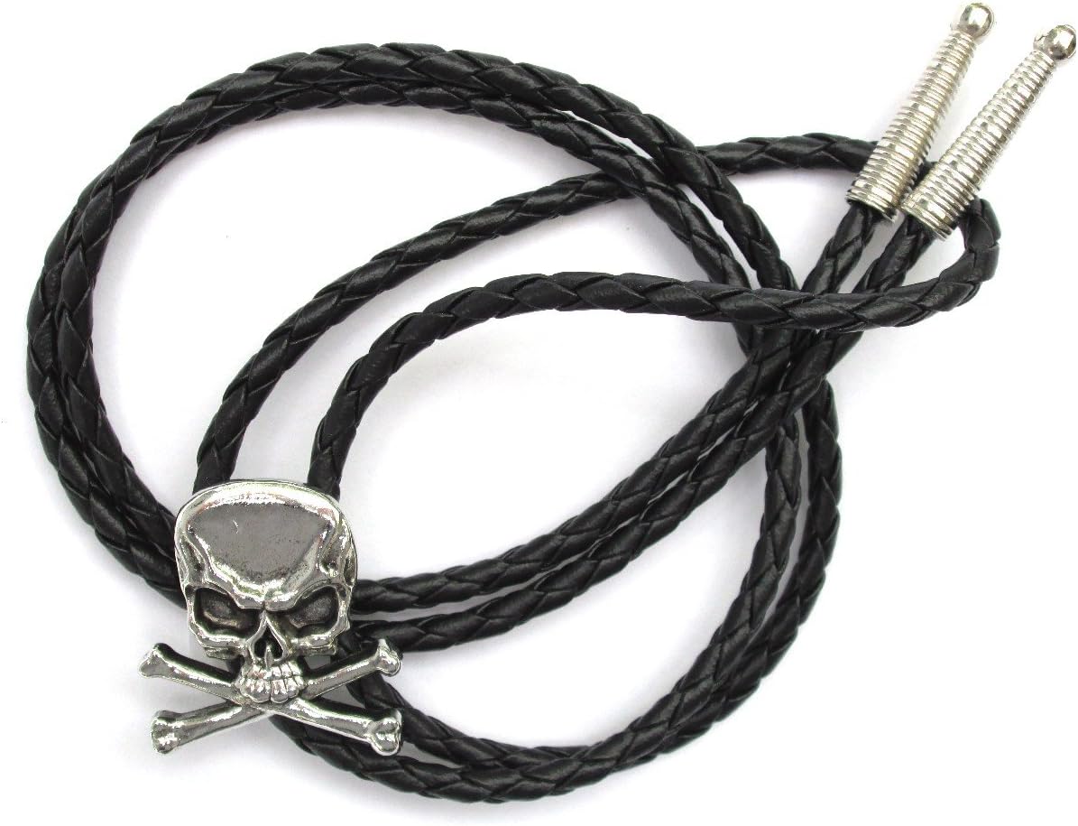Dangerous Threads Western Bolo Tie with Skull & Crossbones Ornament; Antiqued Finish