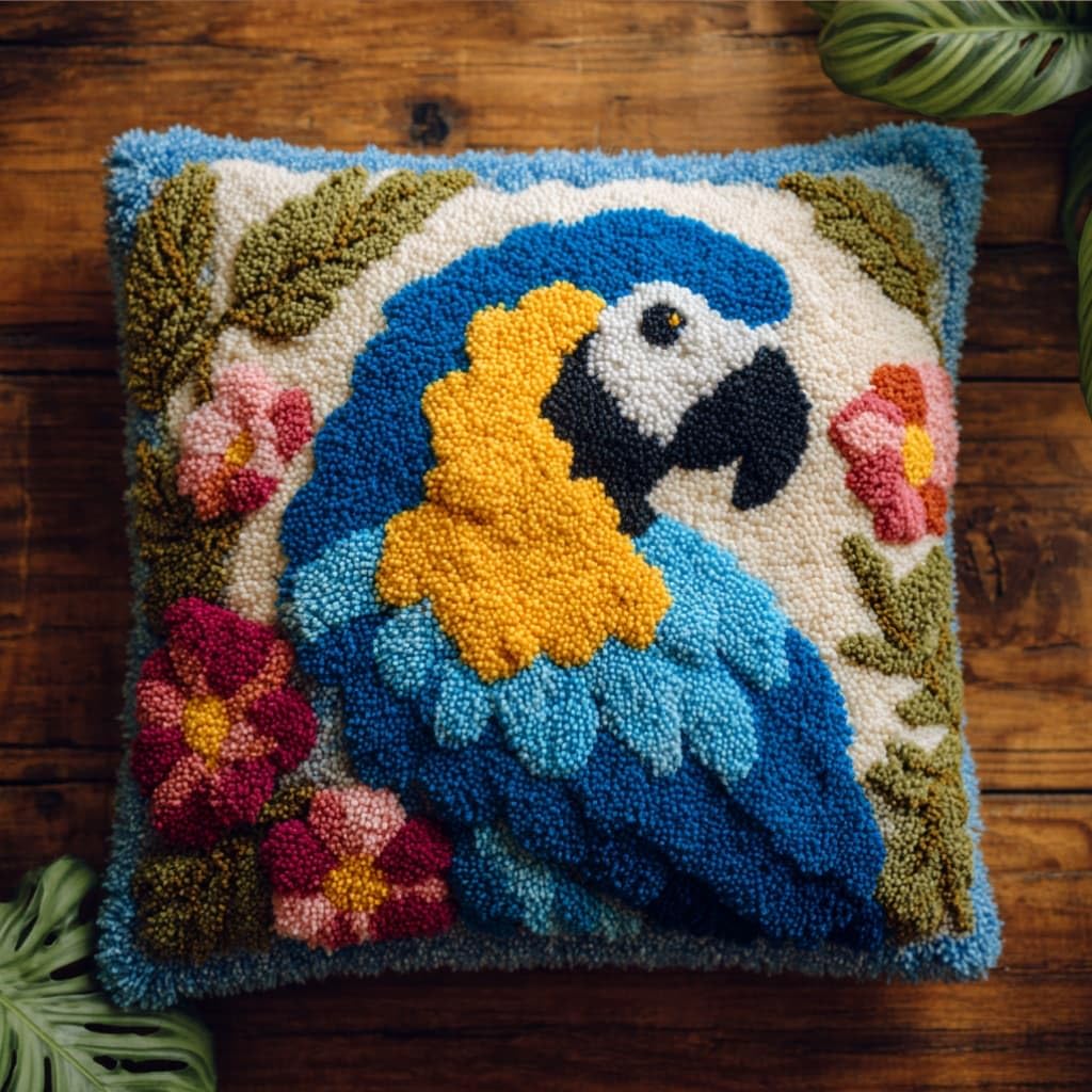 Axiangzik Latch Hook Pillow Kit A Latch Hook Pillow Kit For Adults,Parrot 43X43cm Handmade Embroidery Kits,Cross Stitch Sofa Cushion Cover With Crochet Yarn For Beginners And Home Decor