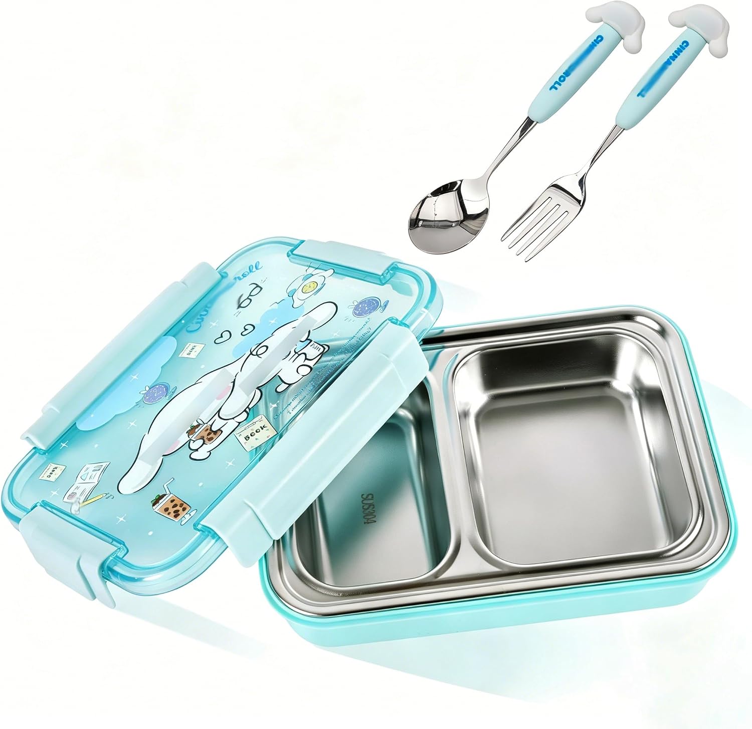 Roffatide Anime Black Bunny Printed All-in-One Bento Boxes with Spoon Kawaii 4-Point Lock Type Lunch Box Containers for Food Fruit Snack Purple