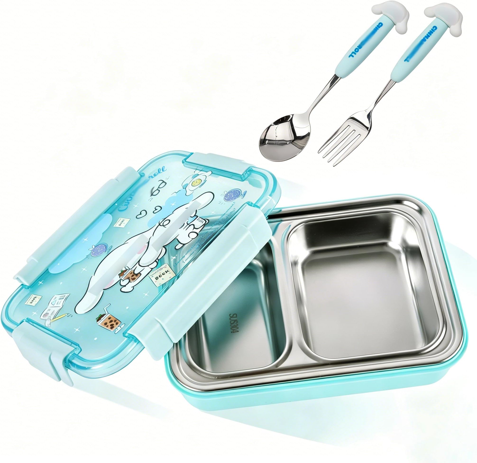 Roffatide Cartoon Cute Cinnamoroll Printed All-in-One Bento Boxes with Spoon Fork Kawaii 4-Point Lock Type Lunch Box Containers for Food Fruit Snack