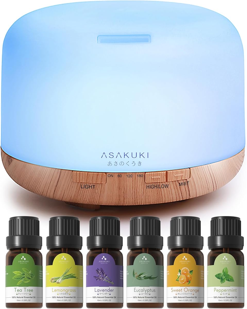 ASAKUKI Oil Diffuser with Essential Oils Set, 500ml Aromatherapy Humidifier with 14 LED Colors &amp; Auto Shut-Off - 6 Oil Gift Pack(Lavender Eucalyptus Tea Tree Orange Peppermint Lemongrass)