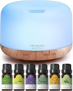 ASAKUKI Oil Diffuser with Essential Oils Set, 500ml Aromatherapy Humidifier with 14 LED Colors & Auto Shut-Off - 6 Oil Gift Pack(Lavender Eucalyptus Tea Tree Orange Peppermint Lemongrass)