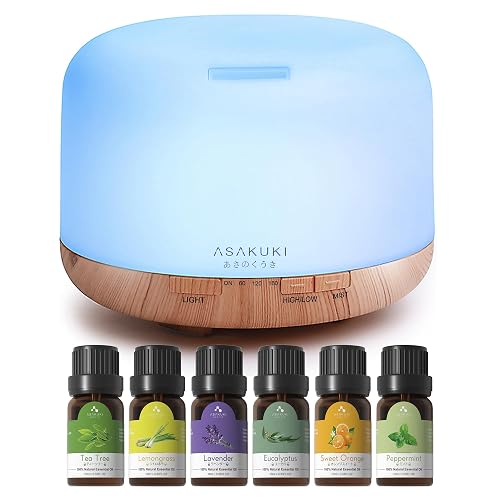 ASAKUKI Oil Diffuser with Essential Oils Set, 500ml Aromatherapy Humidifier with 14 LED Colors & Auto Shut-Off - 6 Oil Gift Pack(Lavender Eucalyptus Tea Tree Orange Peppermint Lemongrass) - Multi Color
