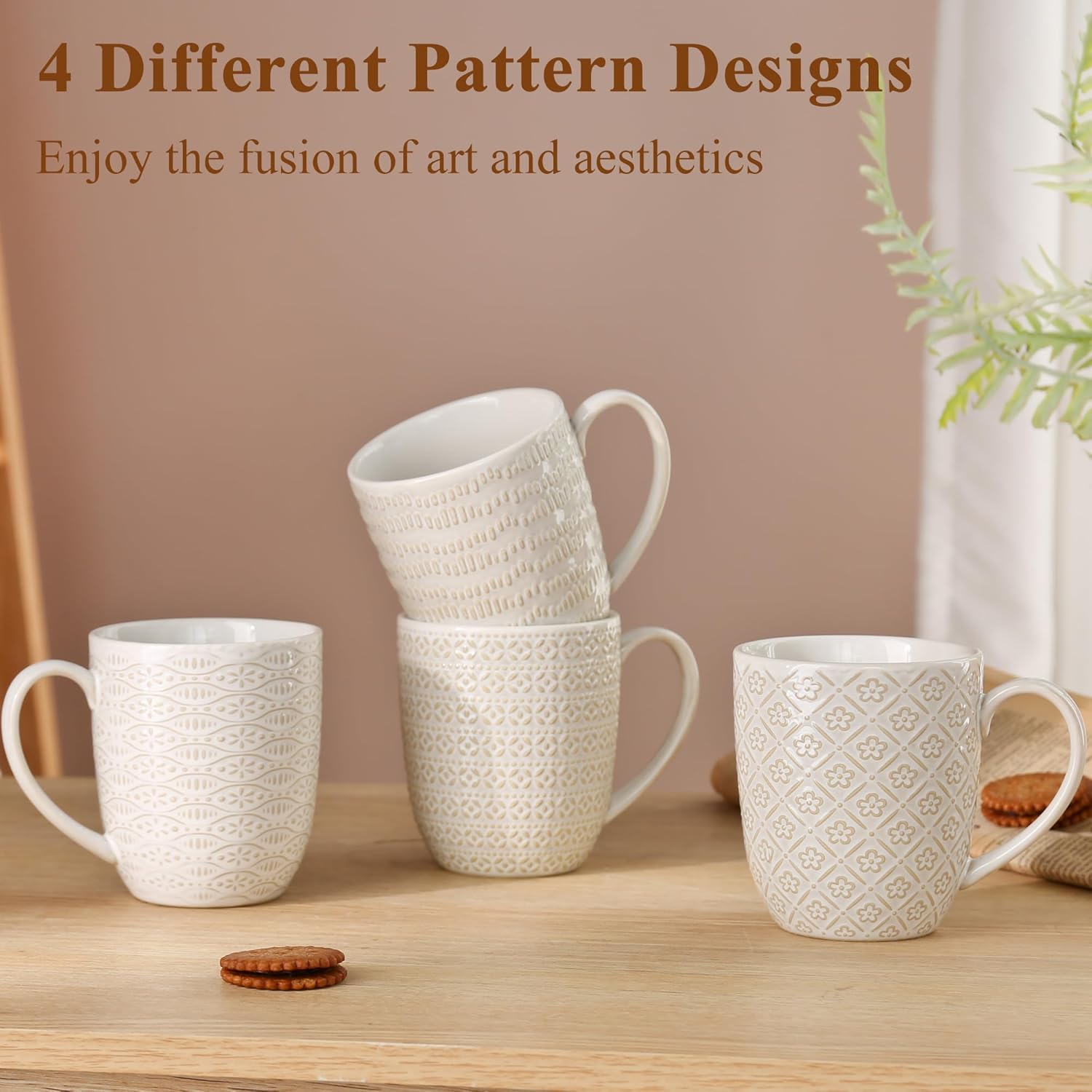 Embossment Coffee Mugs Set of 4, 12 oz Ceramic Coffee Cups Set, White Tea Cups with Large Handle for Latte, Cappuccino, Mocha, Cocoa, Microwave & Dishwasher Safe - Image 2