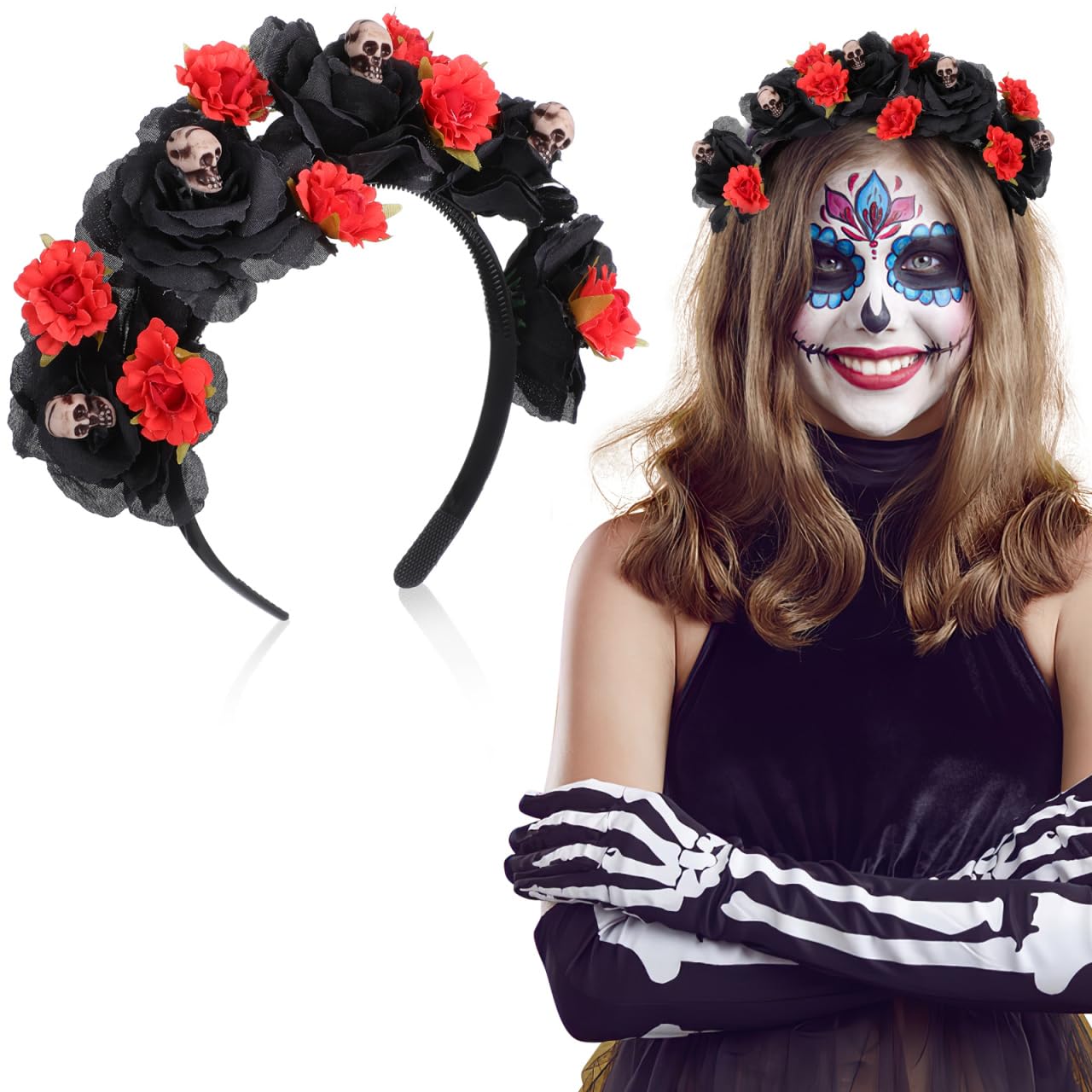 BESPORTBLE Day Of Dead Headband Mexican Skull Crown Hair Hoop Cosplay Party Headwear Halloween Headpiece The Costumes Women Headbands Costume Veil Rose Floral Tights Necklace Accessories Headpieces - Image 2