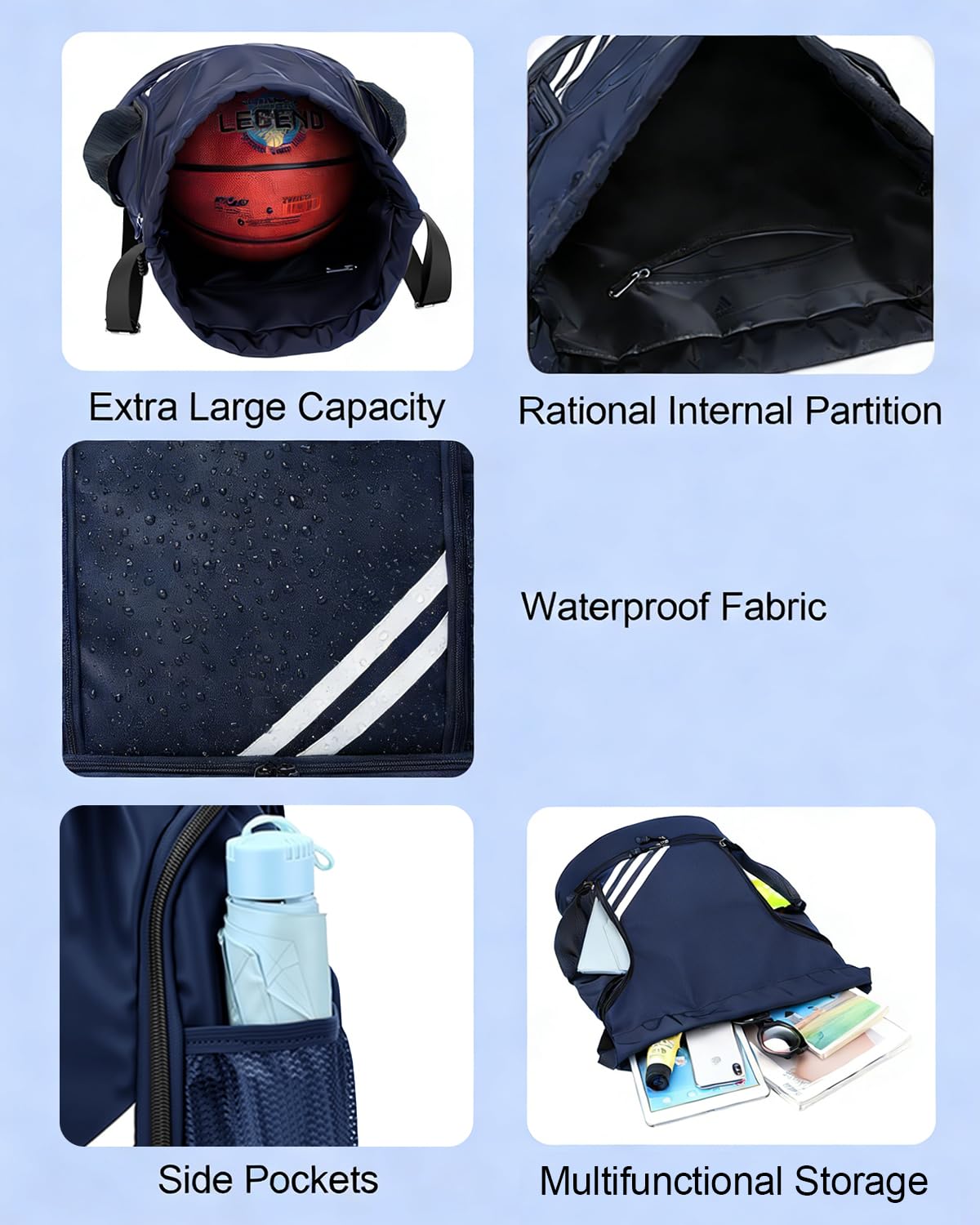 Bleu Marine Sac a Dos de Sport étanche Pliable, Sac de Sport Homme Femme et Enfants, Avec Compartiment à Chaussures Séparé, Poche Principale et Intérieure, Sacs de Gym Pour Voyage Gym Plage Piscine