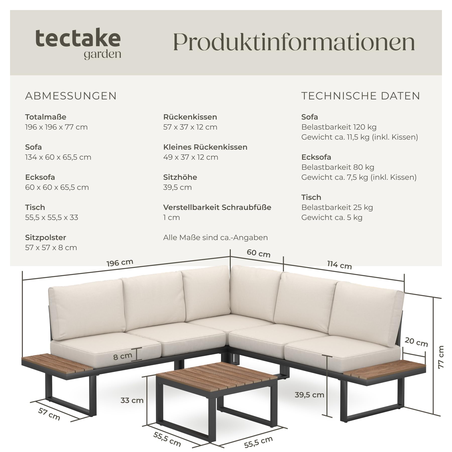 tectake® Gartenlounge Set 4-teilig, wetterfest, Gartenmöbel mit Aluminium-Gestell und Polywood-Tisch, verstellbare Rückenlehne, Gartenmöbel Set mit Kissen, Gartenlounge für Garten, Balkon, Terrasse