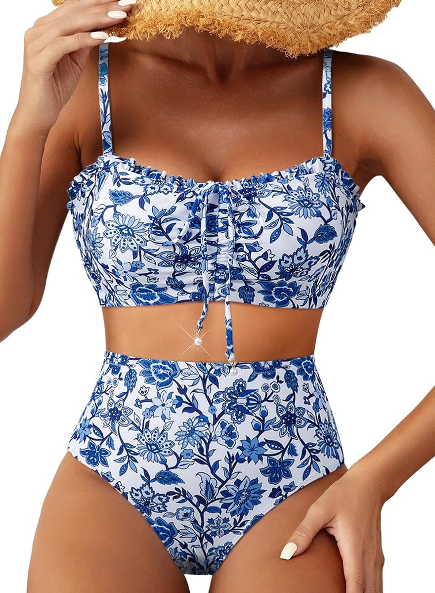 Herseas Women's High Waisted Bikini Sets Tie Front Ruffle Trim Swimsuits